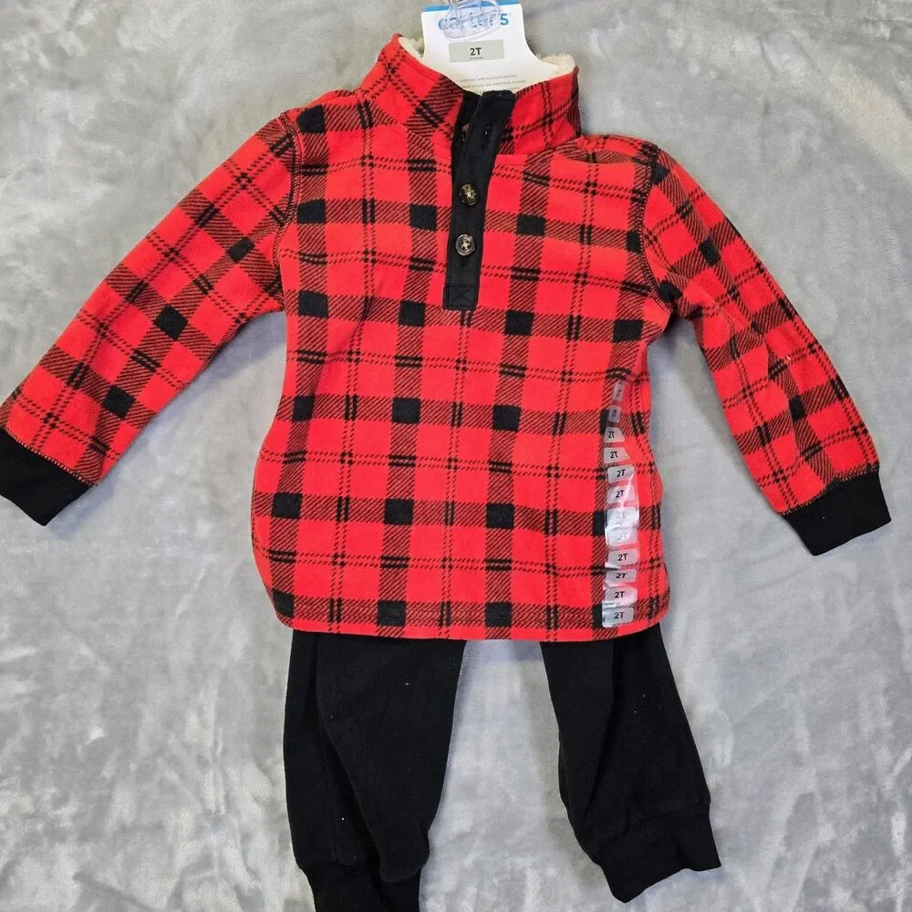 NWT Carter's Toddler 2-Piece Holiday Set 2T Red Black Plaid Fleece Collar